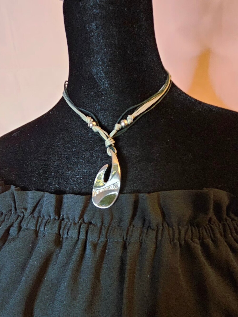 Boho Necklace Silver Fishhook Metallic Pendant Cord Rhinestone